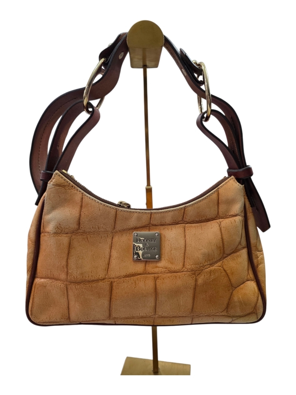 #40 Dooney & Bourke Tan Croc-Embossed Shoulder Hobo with Dark Brown Strap
